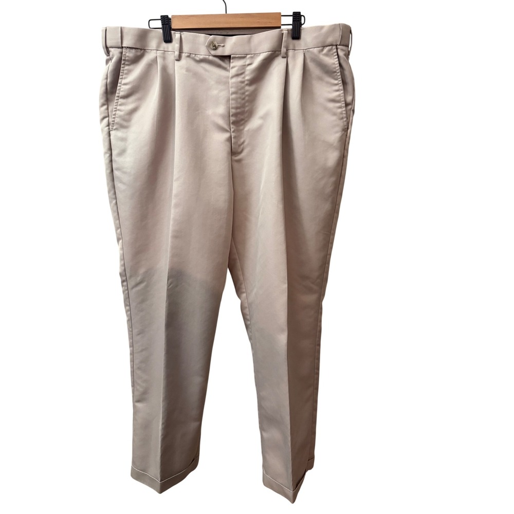 Mens Pleated Cuffed Dress Pants Trousers Light Tan Stone 40x29 Business Casual